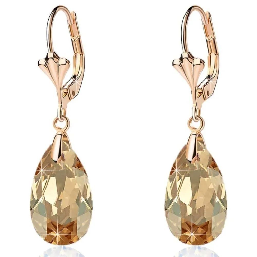 14K Yellow Gold and Champagne Topaz Austrian Crystal Teardrop Leverback Earrings